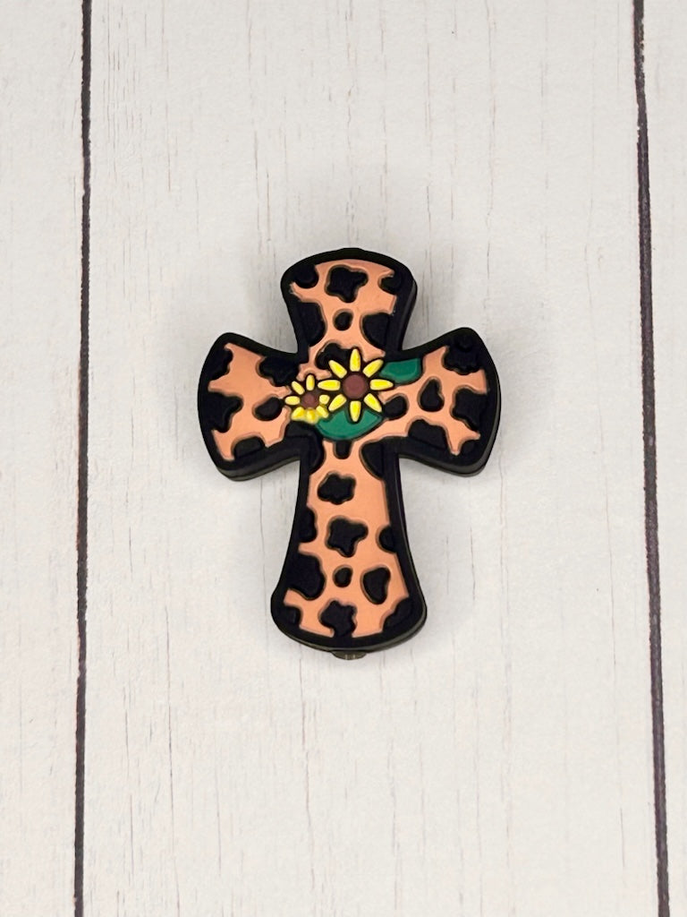 Cow Print Flower Cross Focal Bead