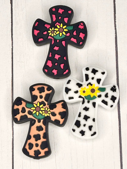 Cow Print Flower Cross  Focal Bead
