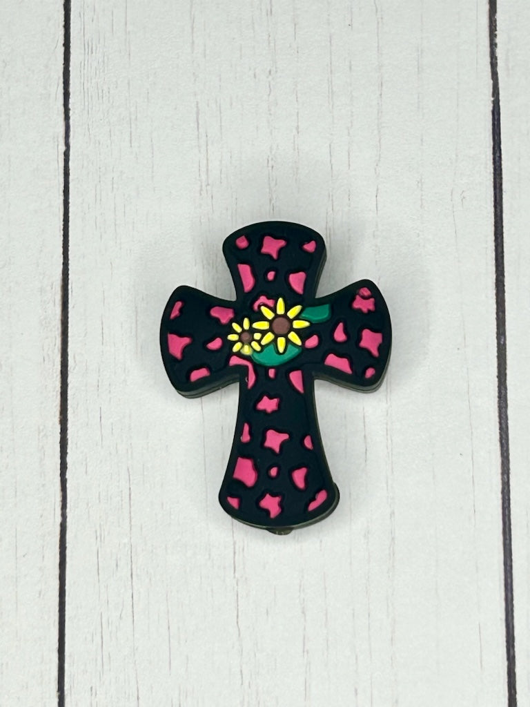 Cow Print Flower Cross  Focal Bead