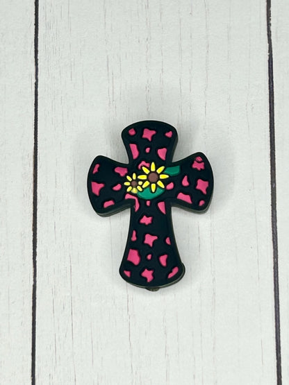 Cow Print Flower Cross  Focal Bead