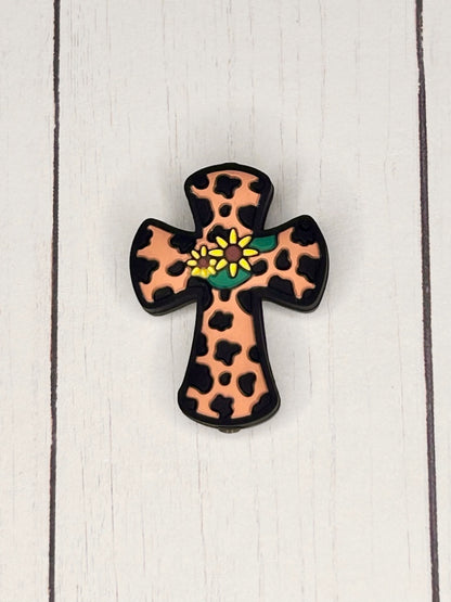 Cow Print Flower Cross  Focal Bead