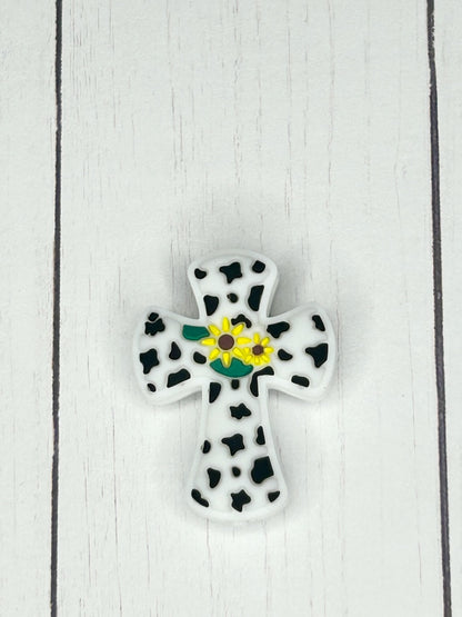Cow Print Flower Cross  Focal Bead